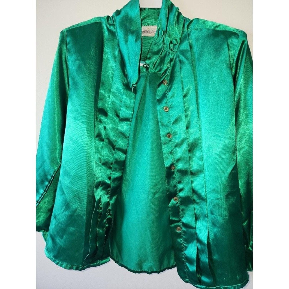 Worthington Petite Emerald Green Satin Blouse Draped Neck Long Sleeve Top 6P